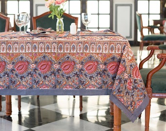 Indian Floral Block Printed Tablecloth, French Provence Table Decor, Dinning Table Cloth Cover, 6 Seater Table Cover, Kitchen Linen Runner