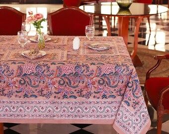 Summer Block Print tablecloth, Cotton Table Cover,  Runner Mats Napkins Set, French Anokhi Print Tablecloth, Rectangle Table Cloth 10 Seater