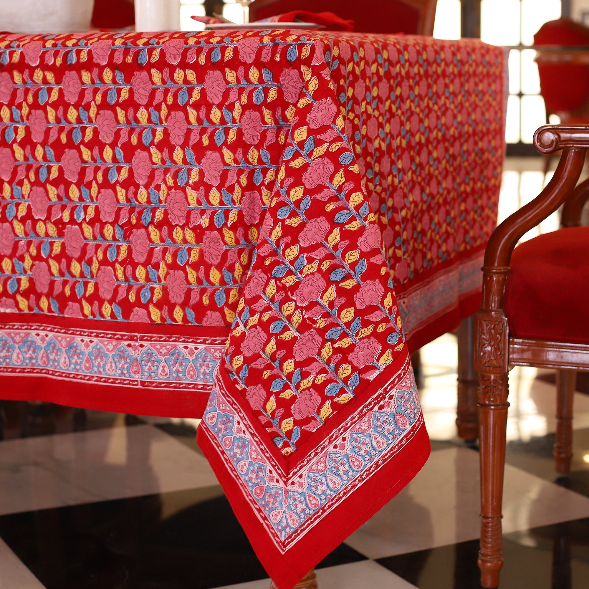 India Arts Indian Print Mandala Rectangle Cotton tablecloth 88 x 58 Red