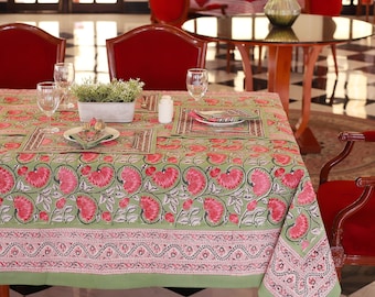 Green Indian Block Print tablecloth, Floral Table Cover, Table Cloth Runner Mats Napkins Set, French Tablecloth, Beach House Tablecloth