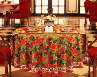 Red Christmas Floral Round Tablecloth, Indian Block Print Round Table Cover, Circle Tablecloth, Housewarming Gift, Kitchen Round Table Cloth