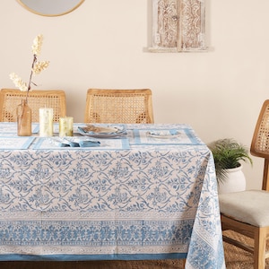 Blue & White Block Print Tablecloth , Garden Tablecloth, Indian Table Linen,  Floral Dinning TableCloth ,Elegant Rectangle Table Scape Decor
