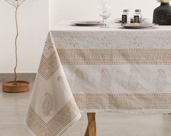 White Gold Print Tablecloth, Block Print table Cover, Indian Cotton Table Cover, Rectangle Table Cloth, Summer Table Cloths, White Decor