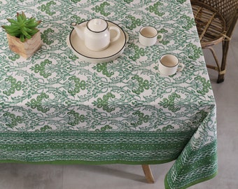 Green Floral Block Print tablecloth, Indian Cotton Table Cover, Rectangle Table Cloth, Summer Lunch Table Cloths, Dining Table Linen Fabric