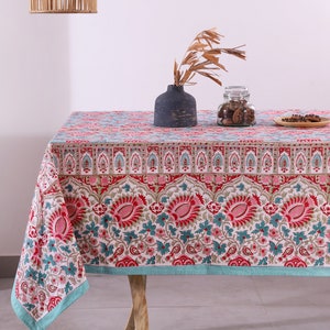 Red Teal Blue Indian Block Print tablecloth, Floral Cotton Table Cover, Christmas Tablecloth, Farmhouse Tablecloth , Gift For New Home Decor