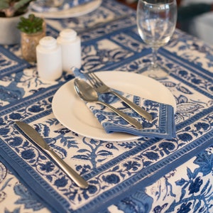 Indian Block Print tablecloth, Floral Cotton Table Cover, Table Cloth Runner Mats Napkins Set ,Blue Jaipur Tablecloth, Rectangle Table Cloth image 3