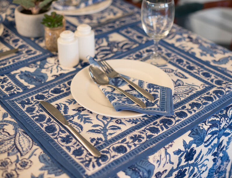 Indian Block Print tafelkleed, Bloemen Katoenen Tafelkleed, Tafelkleed Runner Matten Servetten Set, Blauw Jaipur Tafelkleed, Rechthoek Tafelkleed afbeelding 3