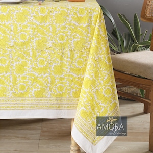 Spring Summer Yellow Block Print Tablecloth , Garden Tablecloth, Indian Table Linen,  Floral Dinning Tablecloth ,Elegant Table Scape Decor