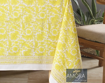 Frühling Sommer Gelb Block Print Tischdecke, Garten Tischdecke, Indische Tischwäsche, Floral Esszimmer Tischdecke, Elegante Tisch Scape Decor