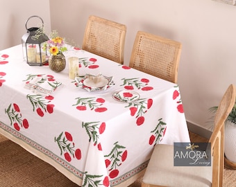 Indian Red Poppy Big Flower Block Print tablecloth Cotton Table Cover Linens Napkins Set Kitchen Dining Table Boho Easter Decor 8 10 Seater