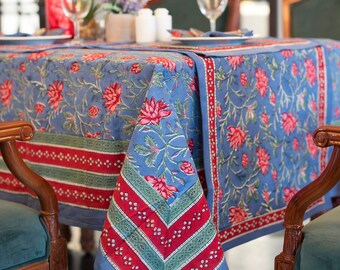 Christmas Tablecloth, Hand Block Printed ,floral Indian Cotton Table Linen  for Sale, Camric Table Cloth , 6 Seater Shabby Chic Table Cover 