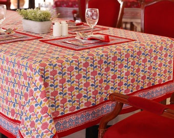 French Block Print tablecloth, Floral Cotton Table Cover, Table Cloth Runner Mats Napkins Set, Red Anokhi Tablecloth, Rectangle Table Cloth
