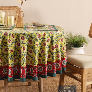 Wedding Round Tablecloth, Indian Block Printed Round Tablecloth, 90&quot; Inch Tablecloth, Floral Round Dinning TableCloth, Bohemian Table cloth