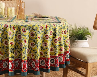 Hand Block Printed Round Tablecloth: Bohemian Floral Cotton