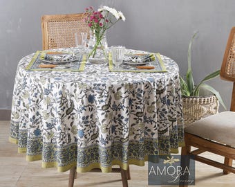 Hand Block Print Round Tablecloth: Floral Indian Cotton