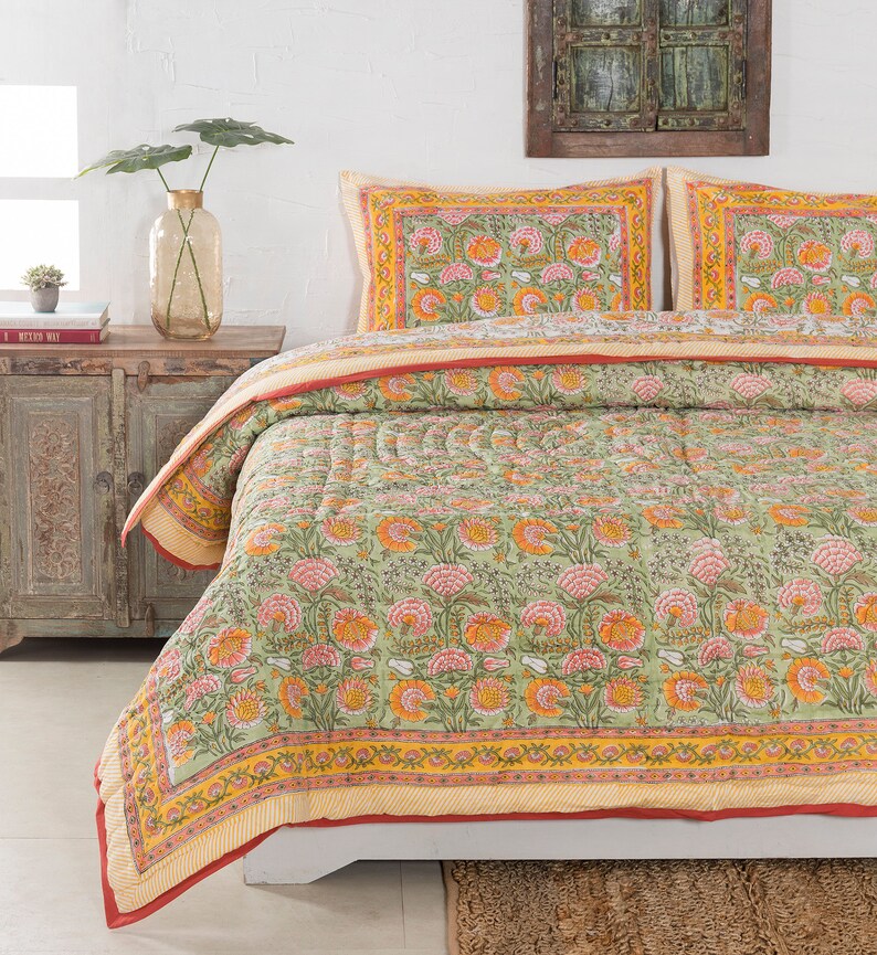 Block Print Quilt Indian Reversible Jaipur Razai Cotton Voile Etsy