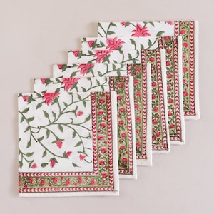 Pink And White Indian Block Print Napkins, Floral Cotton Dinning Table Daily Use Napkins , Farmhouse Wedding Event Home Party Napkins 16x16
