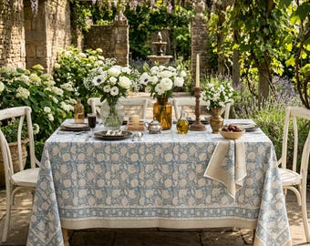 Mantel artesanal azul empolvado con estampado de bloques - Ideal para comedor, decoración rústica para bodas y fiestas, mantelería de cocina, mantel rectangular estilo bohemio