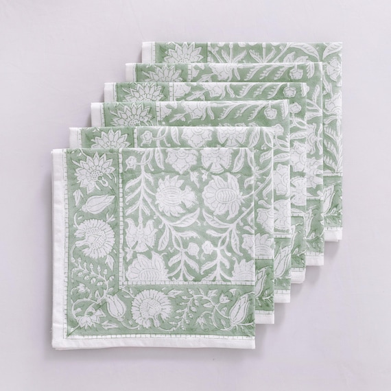 Sage Green Indian Block Print Napkins, Floral Cotton Dinning Table Daily Use Napkins , Farmhouse Wedding Event Home Party Napkins 20x20