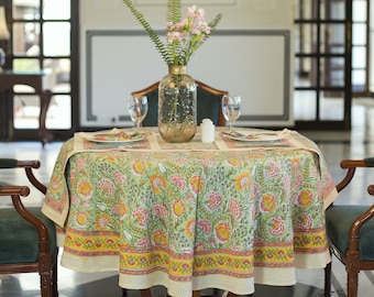 Floral Round Tablecloth, Indian Block Printed Round Table Cover, 60" Inch Tablecloth, Napkin Mats Set, Round TableCloth Runner, Jaipur Cloth