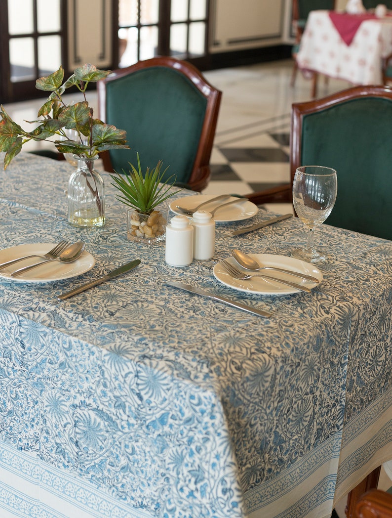 Blue Block Print Tablecloth , Garden Tablecloth, Indian Table Linen, Floral Dinning TableCloth ,Elegant Table Scape, Rectangle Tablecloth image 5