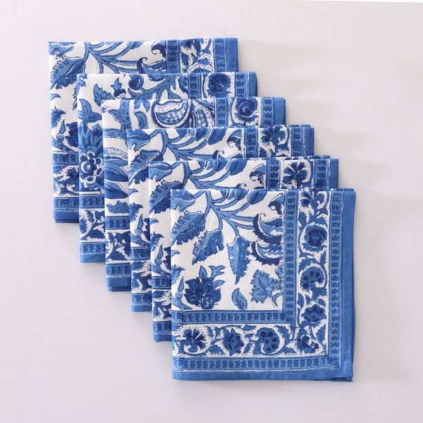 Blue And White Indian Block Print Napkins, Floral Cotton Dinning Table Daily Use Napkins , Farmhouse Wedding Event Home Party Napkins 20x20