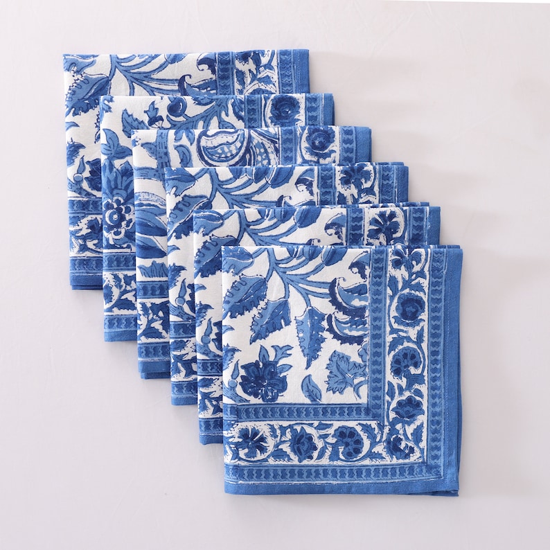 Blue And White Indian Block Print Napkins, Floral Cotton Dinning Table Daily Use Napkins , Farmhouse Wedding Event Home Party Napkins 20x20 image 1