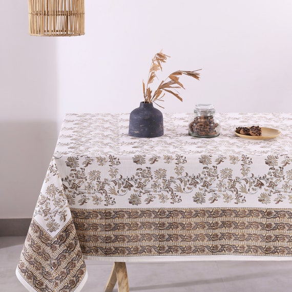 Pastel Brown Taupe Beig Indian Hand Block Printed Tablecloth