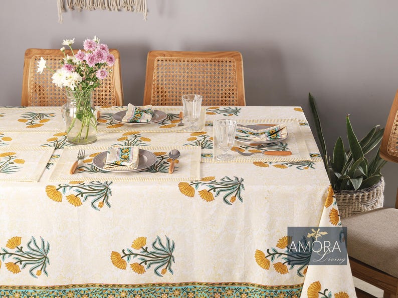 Handcrafted Indian Block Printed Tablecloth Cotton, Boho Floral Design