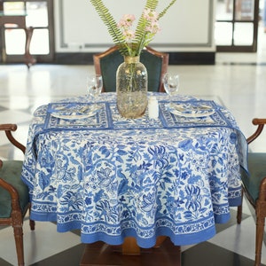 Blue Floral Round Tablecloth, Indian Block Print Round Table Cover, Circle Tablecloth, Housewarming Gift, Country Kitchen Round TableCloth