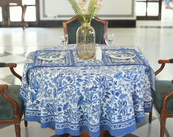 Blue Floral Round Tablecloth, Indian Block Print Round Table Cover, Circle Tablecloth, Housewarming Gift, Country Kitchen Round TableCloth