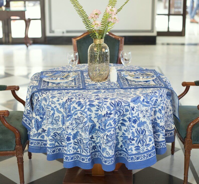 Blue Floral Round Tablecloth, Indian Block Print Round Table Cover, Circle Tablecloth, Housewarming Gift, Country Kitchen Round TableCloth image 1