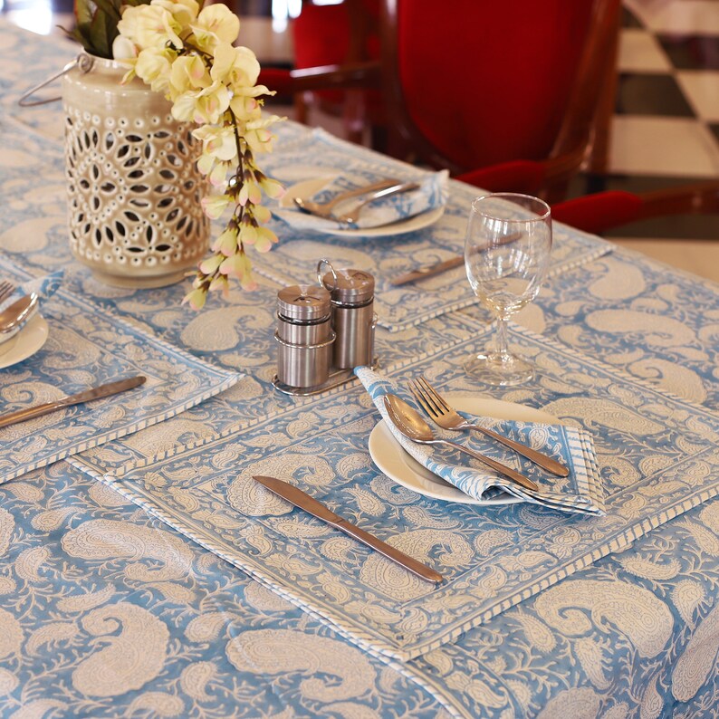 Blue Paisley Block Print tablecloth, Indian Cotton Table Cover, Rectangle Table Cloth, Easter Table Cloth, Garden Party Table Scape Decor image 4