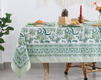 Turquoise Green, Old Moss Green and White Indian Floral Hand Block Printed Cotton Cloth Tablecloth, Table Cover, Farmhouse Wedding Christmas