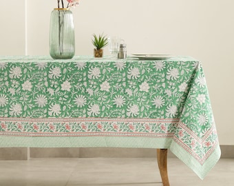 Green Floral Block Print tablecloth, Indian Cotton Table Cover, Rectangle Table Cloth, Summer Lunch Table Cloths, Dining Table Linen Fabric