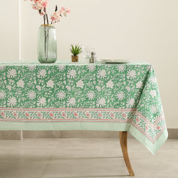 Green Floral Block Print Tablecloth, Indian Cotton Table Cover, Rectangle  Table Cloth, Summer Lunch Table Cloths, Dining Table Linen Fabric - Etsy UK