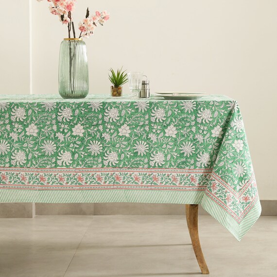 Green Floral Block Print Tablecloth, Indian Cotton Table Cover, Rectangle  Table Cloth, Summer Lunch Table Cloths, Dining Table Linen Fabric - Etsy UK