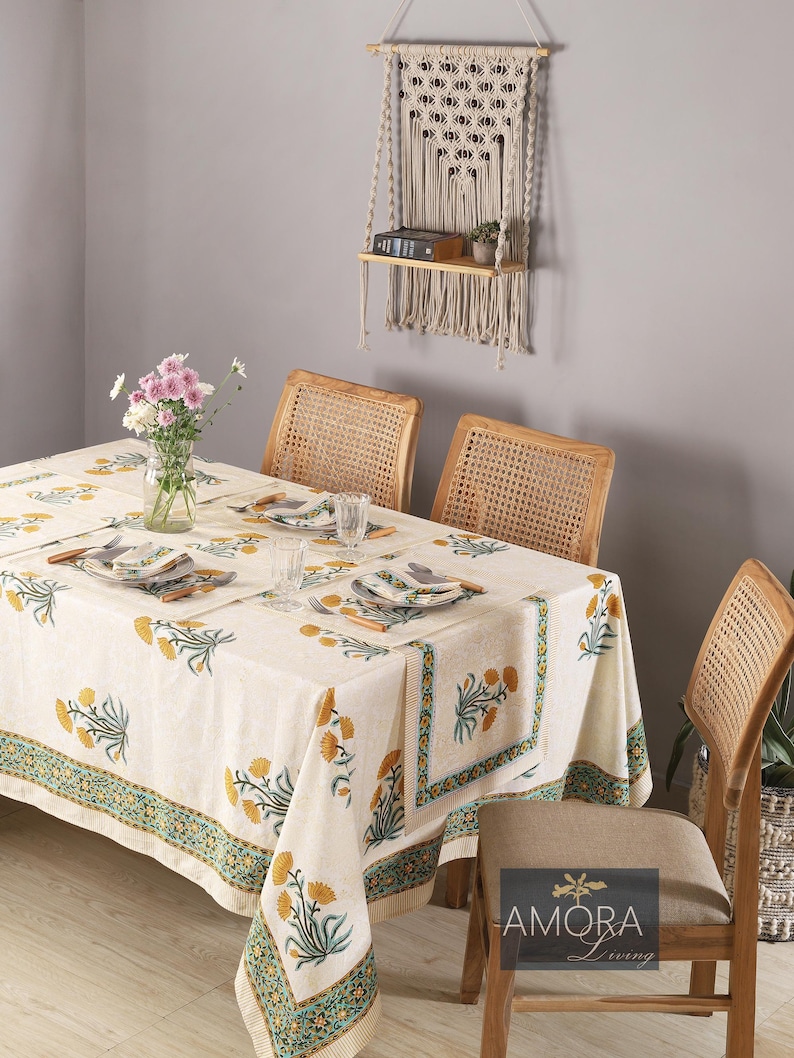 Handcrafted Indian Block Printed Tablecloth Cotton, Boho Floral Design