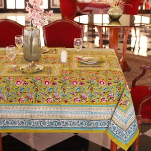 Block Print Tablecloth , Garden Tablecloth, Indian Table Linen,  Floral Dinning TableCloth ,Elegant Rectangle Table Scape Decor, Place Mats