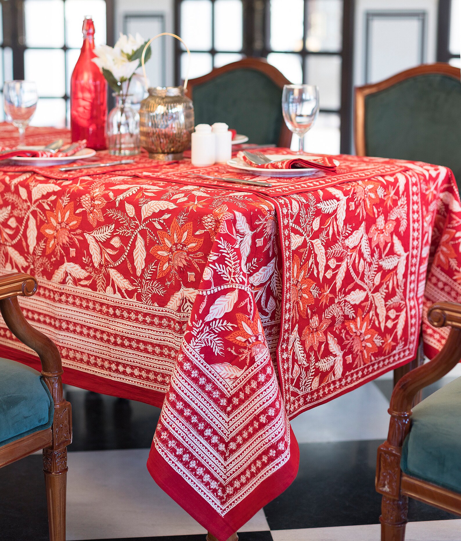 Indian Block Print Tablecloth Red Floral Cotton Table Cover Etsy