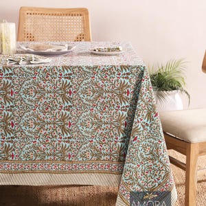 Green Block Print Tablecloth , Garden Tablecloth, Indian Table Linen,  Floral Dinning Tablecloth ,Elegant Table Scape, Rectangle Tablecloth