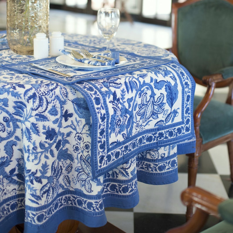 Blue Floral Round Tablecloth, Indian Block Print Round Table Cover, Circle Tablecloth, Housewarming Gift, Country Kitchen Round TableCloth image 3