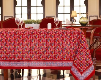 Red Block Print tablecloth, Indian Cotton Table Cover, Table Cloth Runner Mats Napkins Set, Red Anokhi Tablecloth, Rectangle Table Scaping