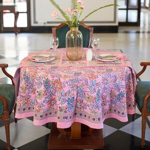 Pink Floral Round Tablecloth, Indian Block Printed Round Table Cover, Circle Tablecloth, Housewarming Gift,Farm House Party Round TableCloth image 1