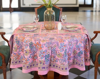 Pink Floral Round Tablecloth, Indian Block Printed Round Table Cover, Circle Tablecloth, Housewarming Gift,Farm House Party Round TableCloth