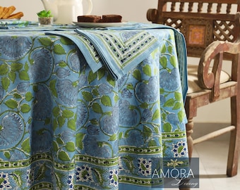 Mantel redondo azul con estampado floral, mantel con estampado indio, mantel redondo de algodón con estampado floral, mantel redondo para mesa de comedor con manteles individuales y servilletas.