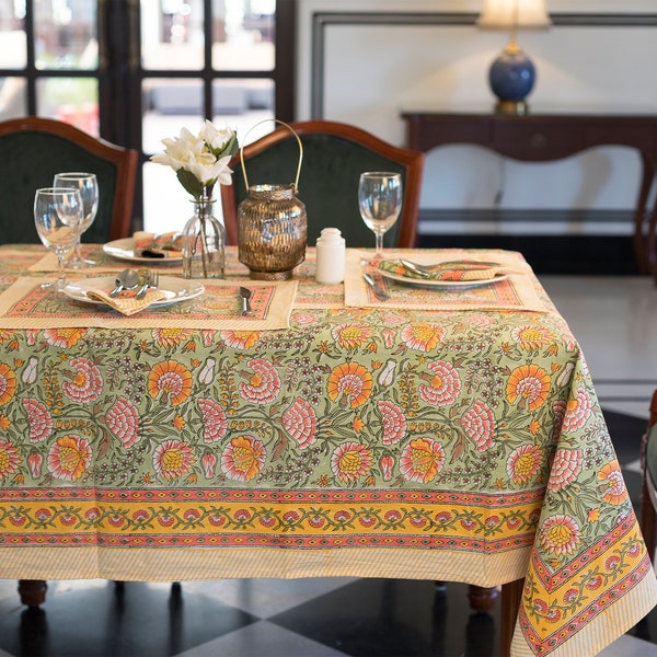 Indian Floral Block Print tablecloth Cotton Table Cover Linens With Runner Mats Napkins Set for 6 Seater Kitchen Dining Table Boho Decor