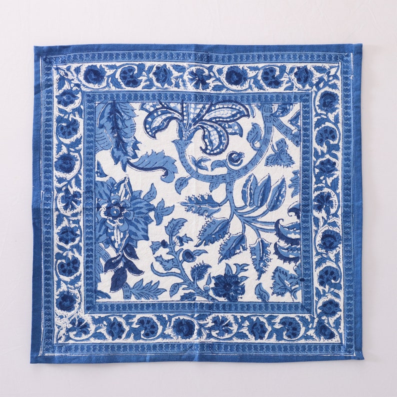 Blue And White Indian Block Print Napkins, Floral Cotton Dinning Table Daily Use Napkins , Farmhouse Wedding Event Home Party Napkins 20x20 image 3