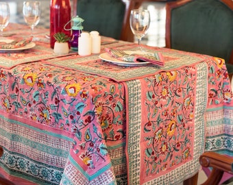 Indian Block Print tablecloth, Floral Cotton Table Cover, Table Cloth Runner Mats Napkins Set ,Pink French Tablecloth, Rectangle Table Cloth