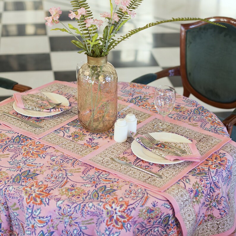 Pink Floral Round Tablecloth, Indian Block Printed Round Table Cover, Circle Tablecloth, Housewarming Gift,Farm House Party Round TableCloth image 2